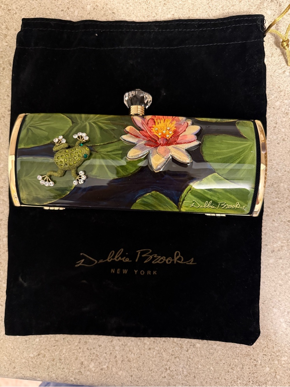 Debbie Brooks Hand-Painted Green Water Lily Clutch with Jeweled Frog